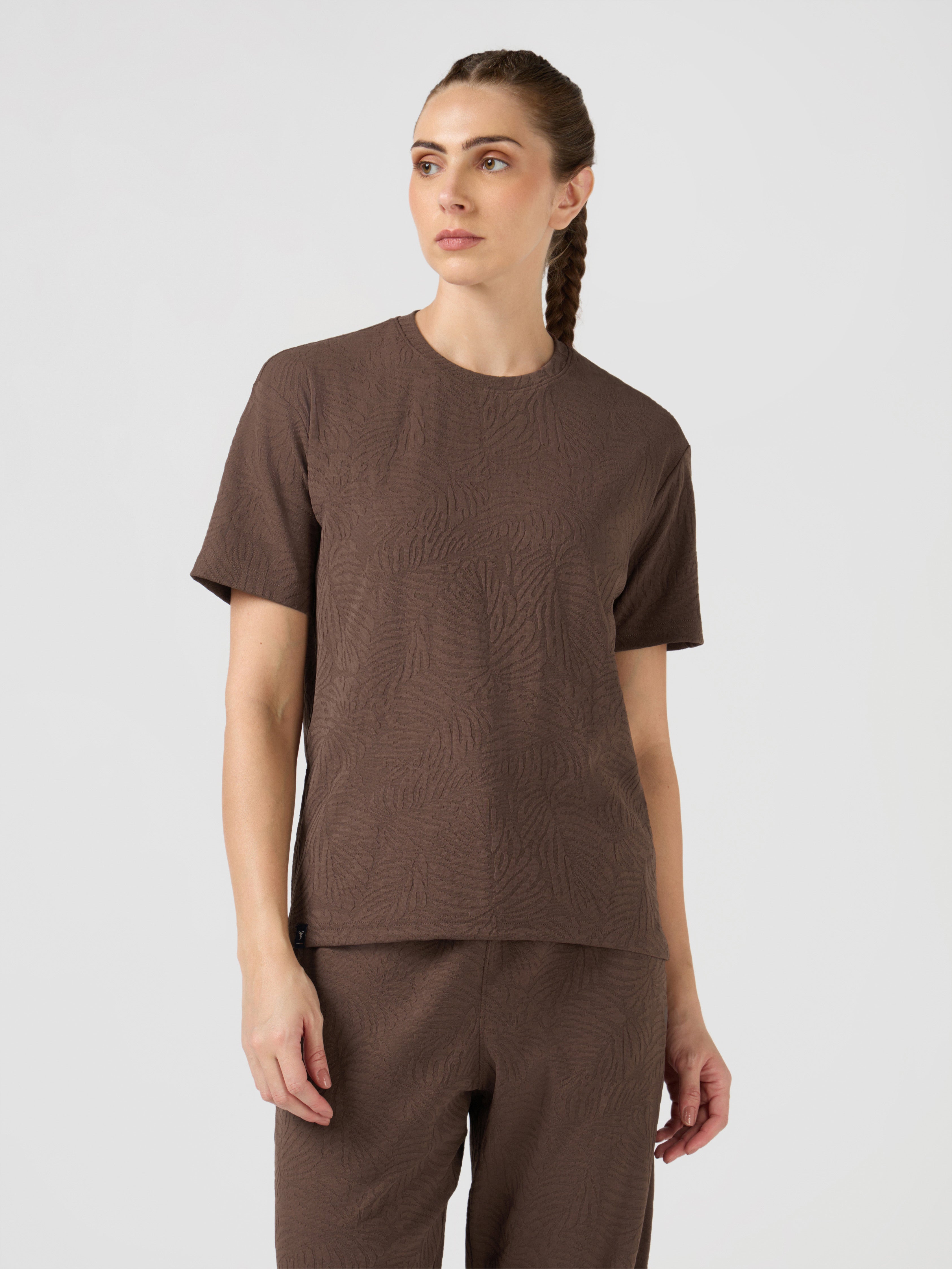 Women Textured Relaxed Fit Round Neck T-shirt with COTFLEX
