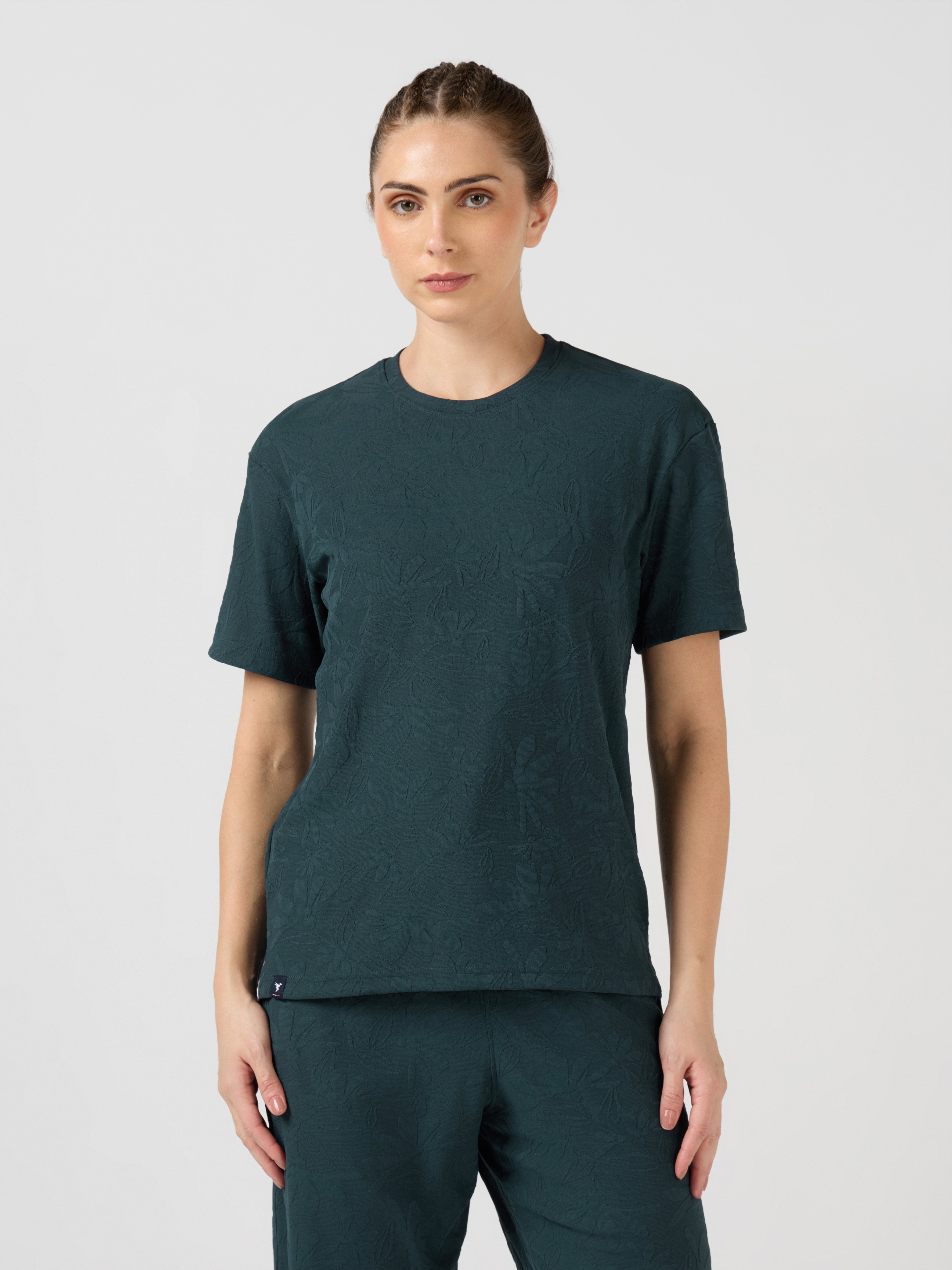 Women Textured Relaxed Fit Round Neck T-shirt with COTFLEX