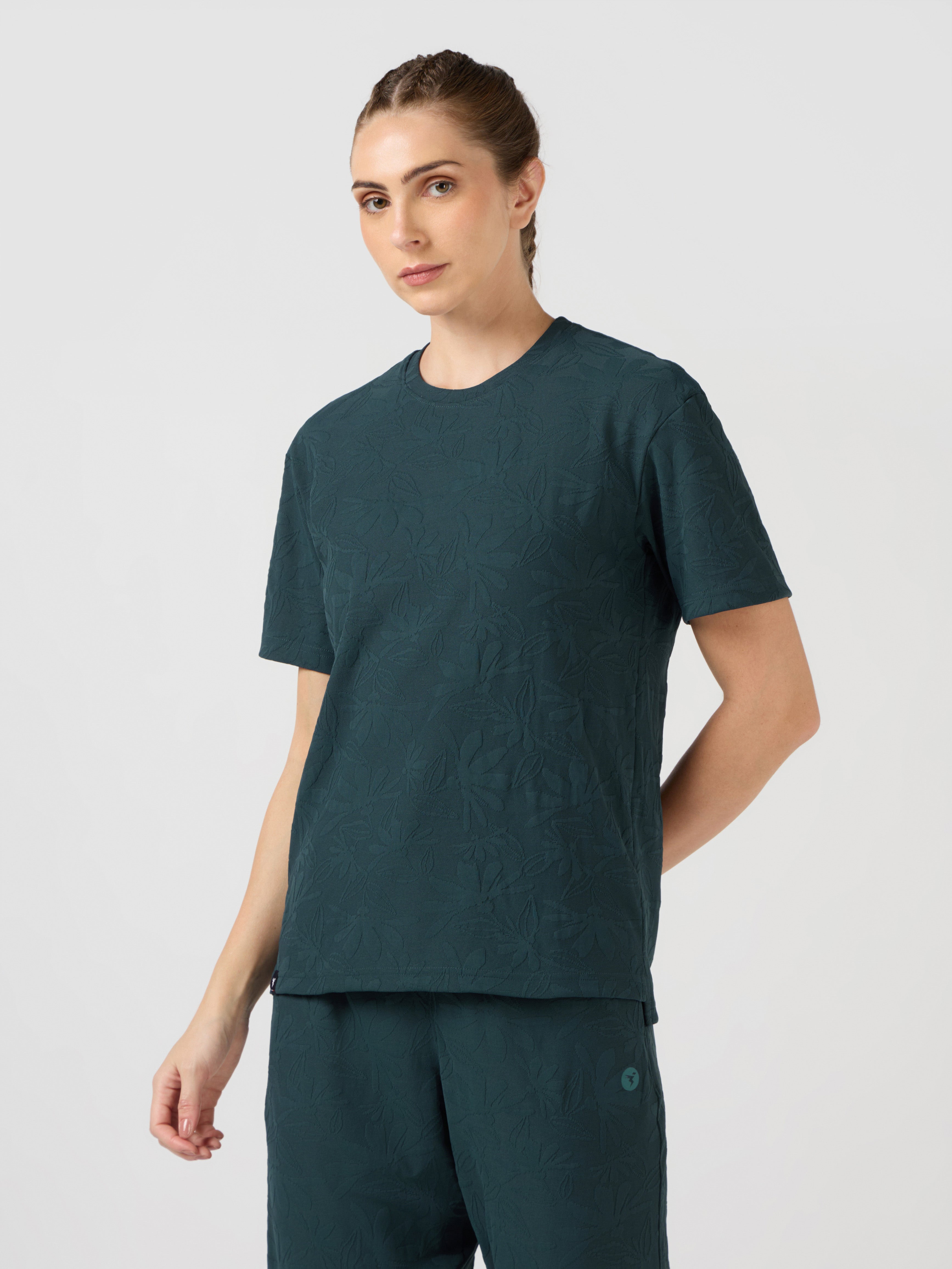 Women Textured Relaxed Fit Round Neck T-shirt with COTFLEX