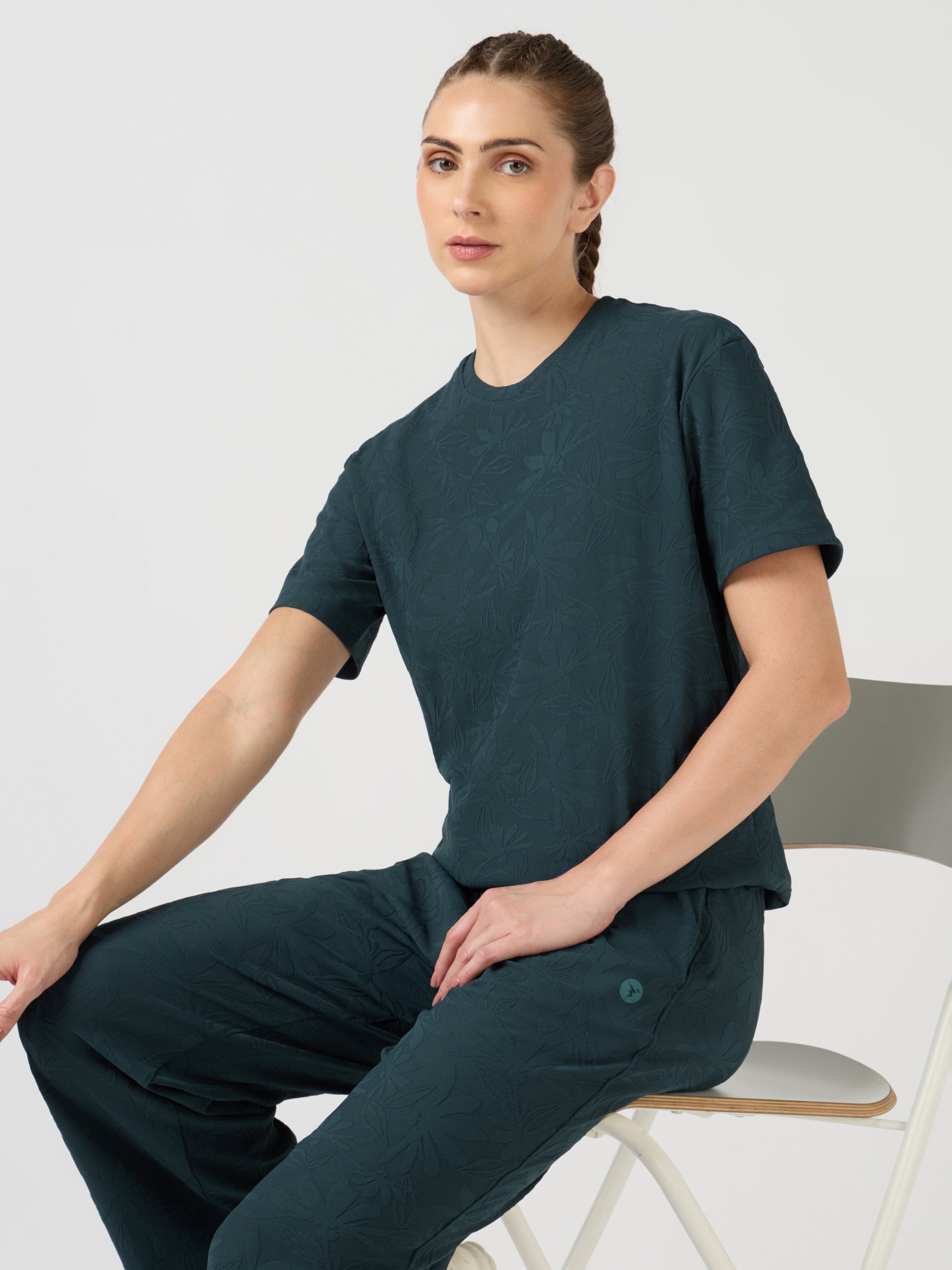 Women Textured Relaxed Fit Round Neck T-shirt with COTFLEX