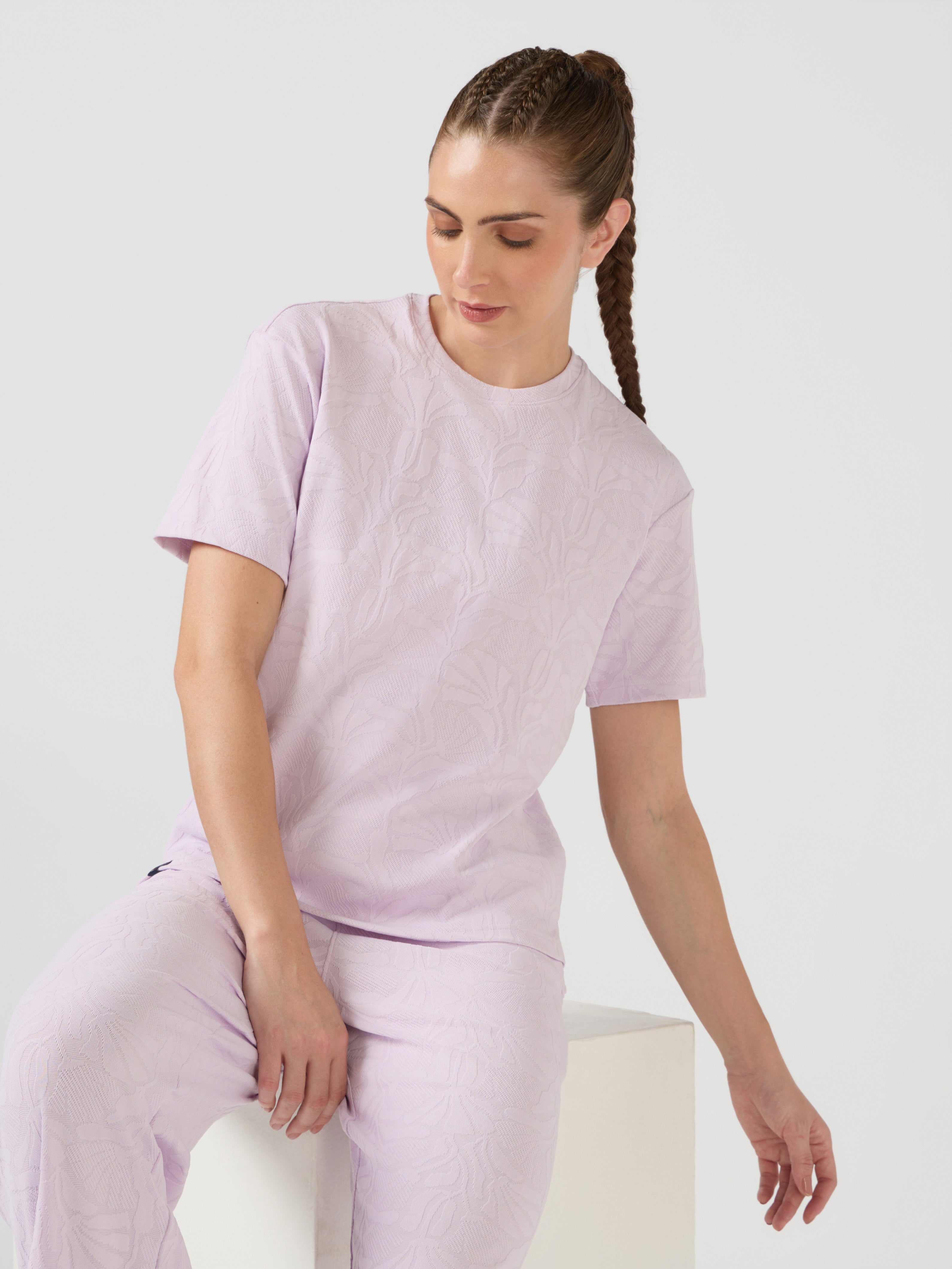 Women Textured Relaxed Fit Round Neck T-shirt with COTFLEX