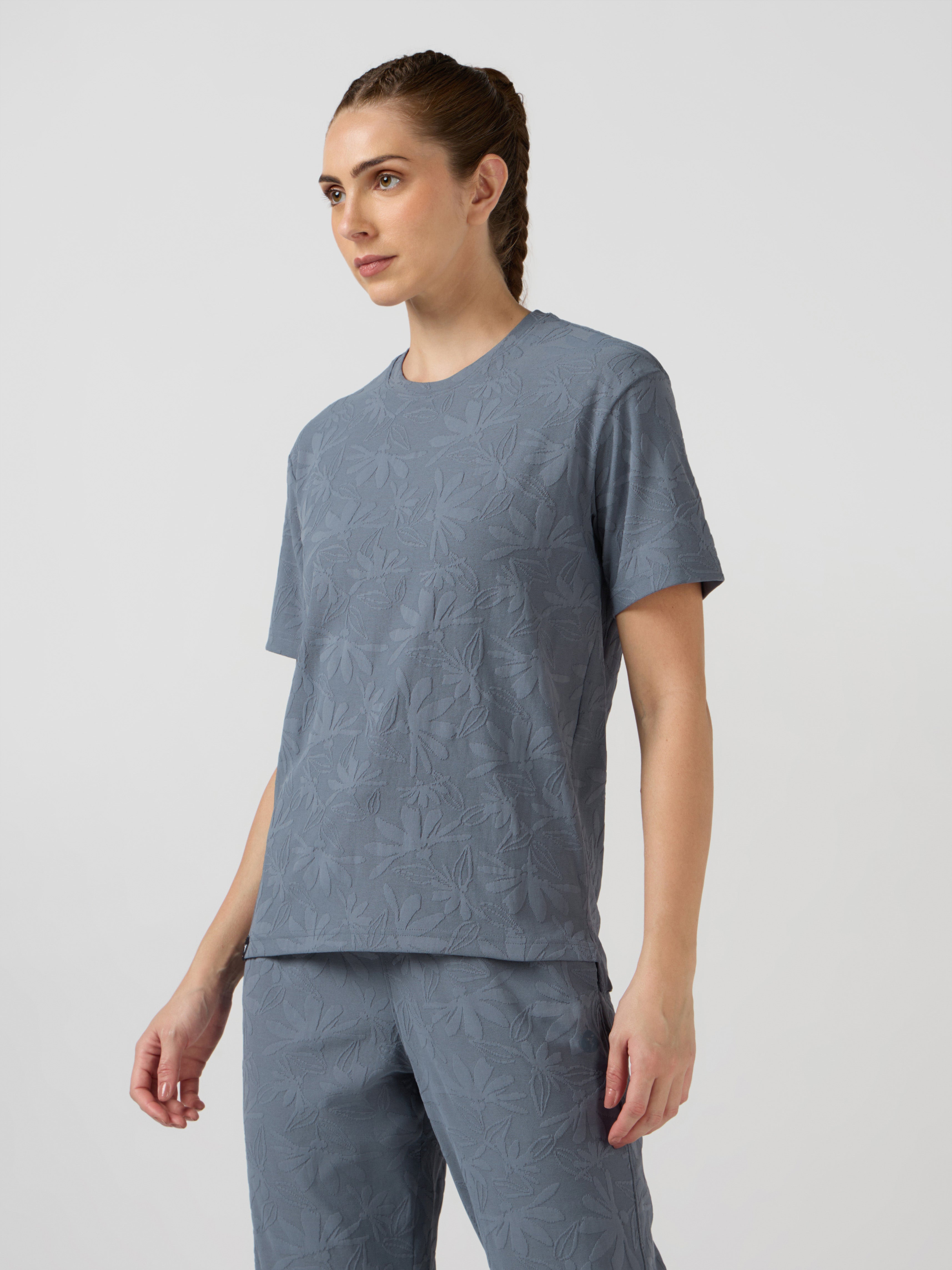 Women Textured Relaxed Fit Round Neck T-shirt with COTFLEX