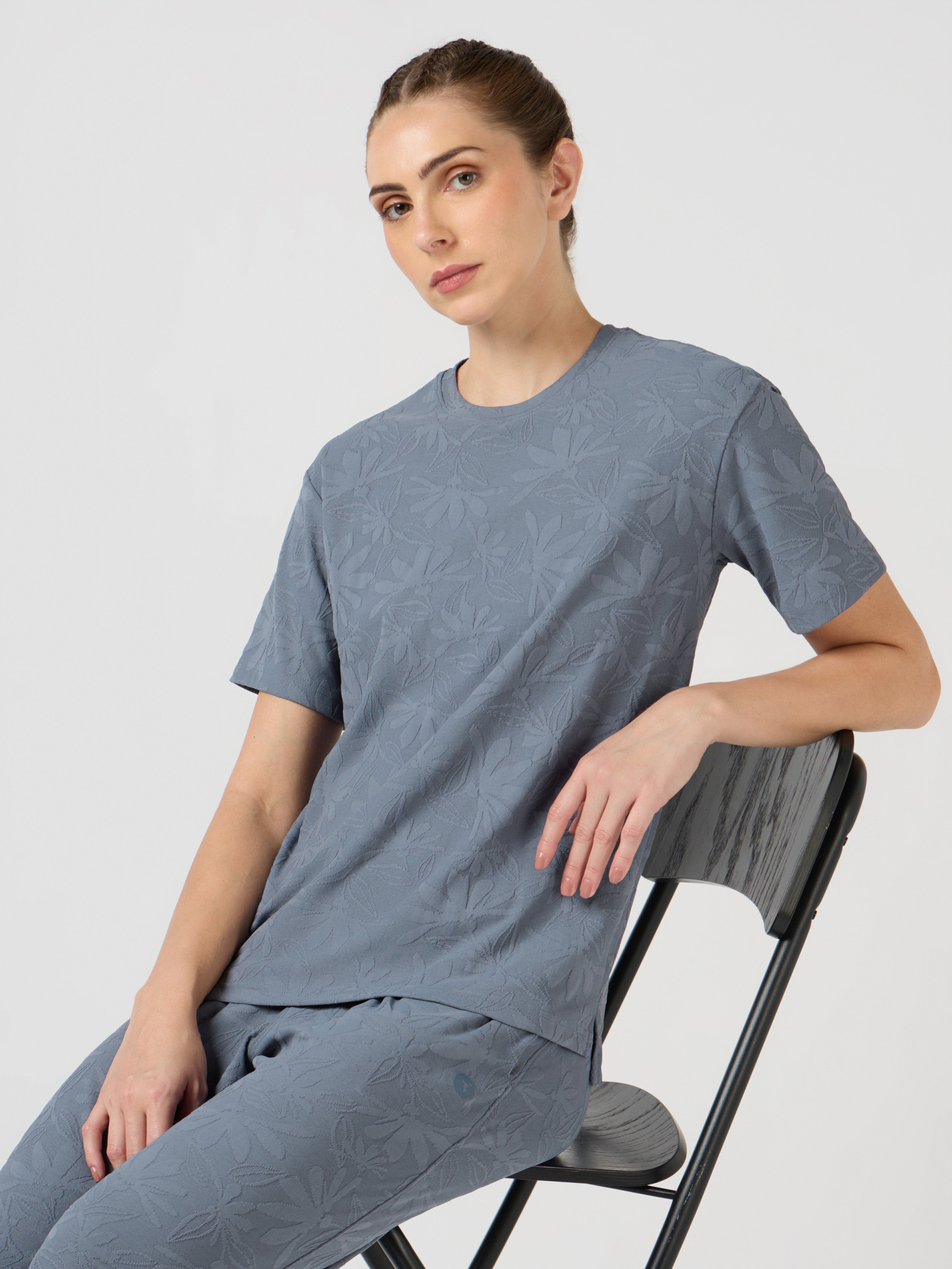 Women Textured Relaxed Fit Round Neck T-shirt with COTFLEX