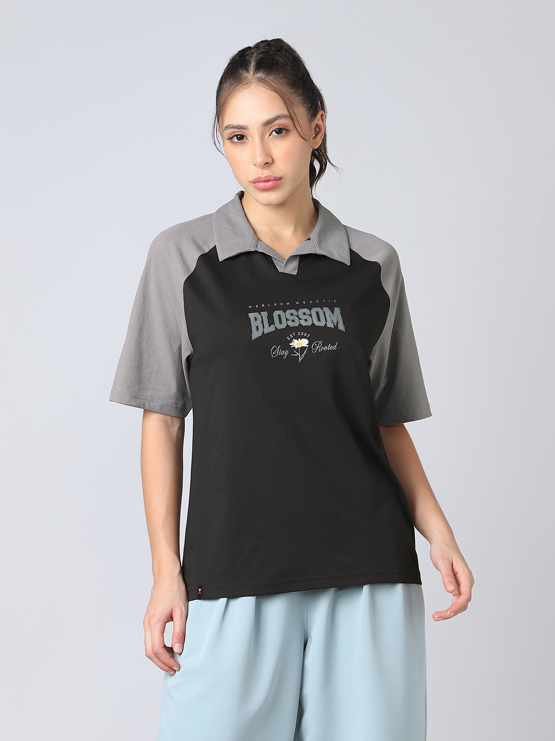 Women Colorblock Oversized Fit Polo T-shirt with COTFLEX