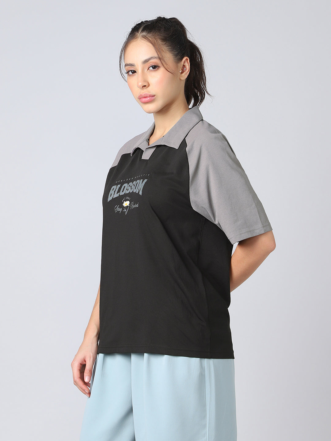 Women Colorblock Oversized Fit Polo T-shirt with COTFLEX