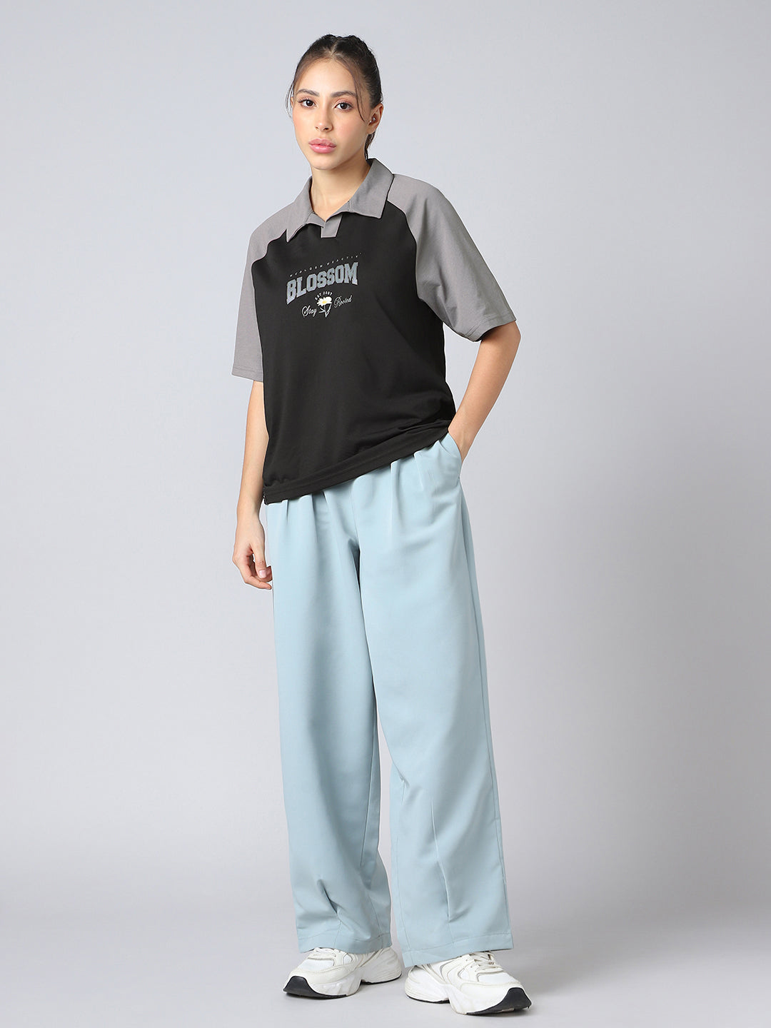 Women Colorblock Oversized Fit Polo T-shirt with COTFLEX
