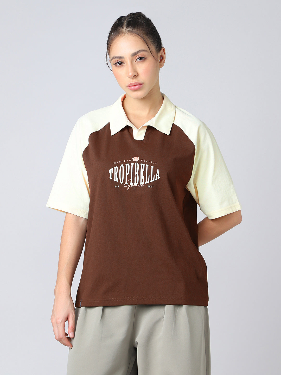 Women Colorblock Oversized Fit Polo T-shirt with COTFLEX