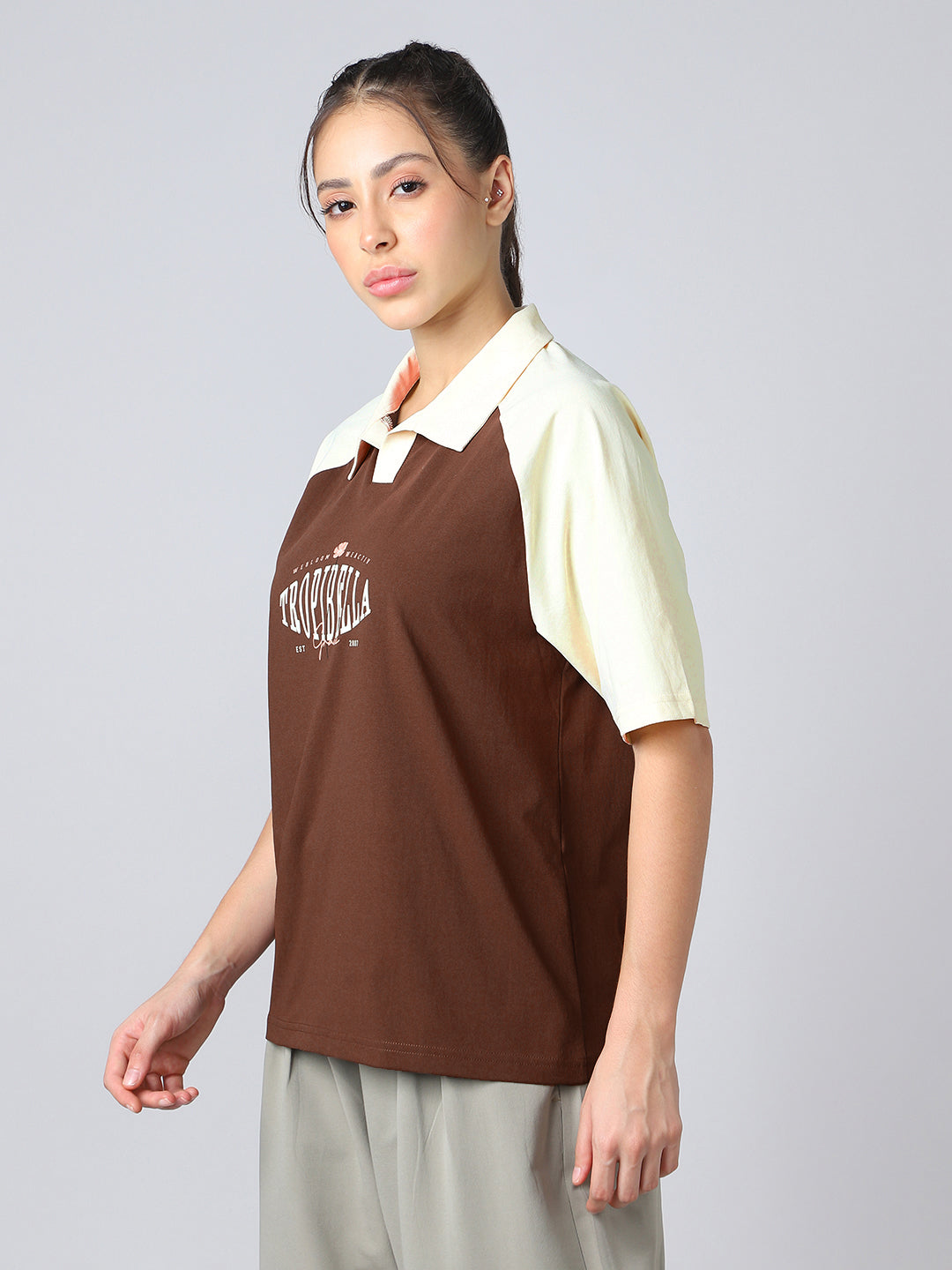Women Colorblock Oversized Fit Polo T-shirt with COTFLEX