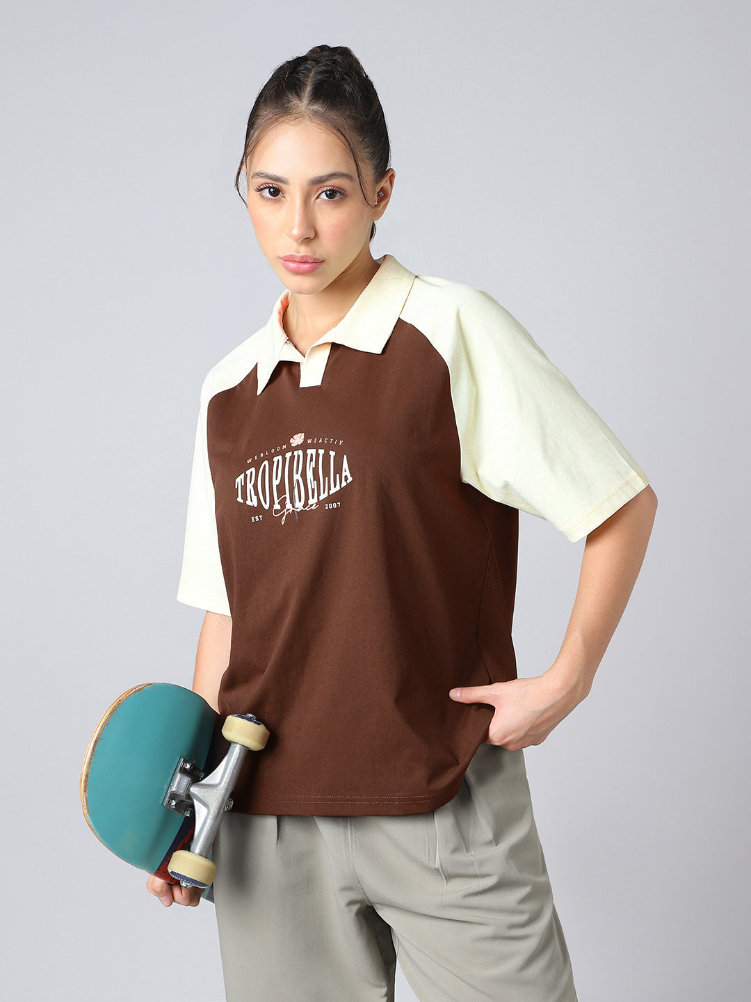 Women Colorblock Oversized Fit Polo T-shirt with COTFLEX