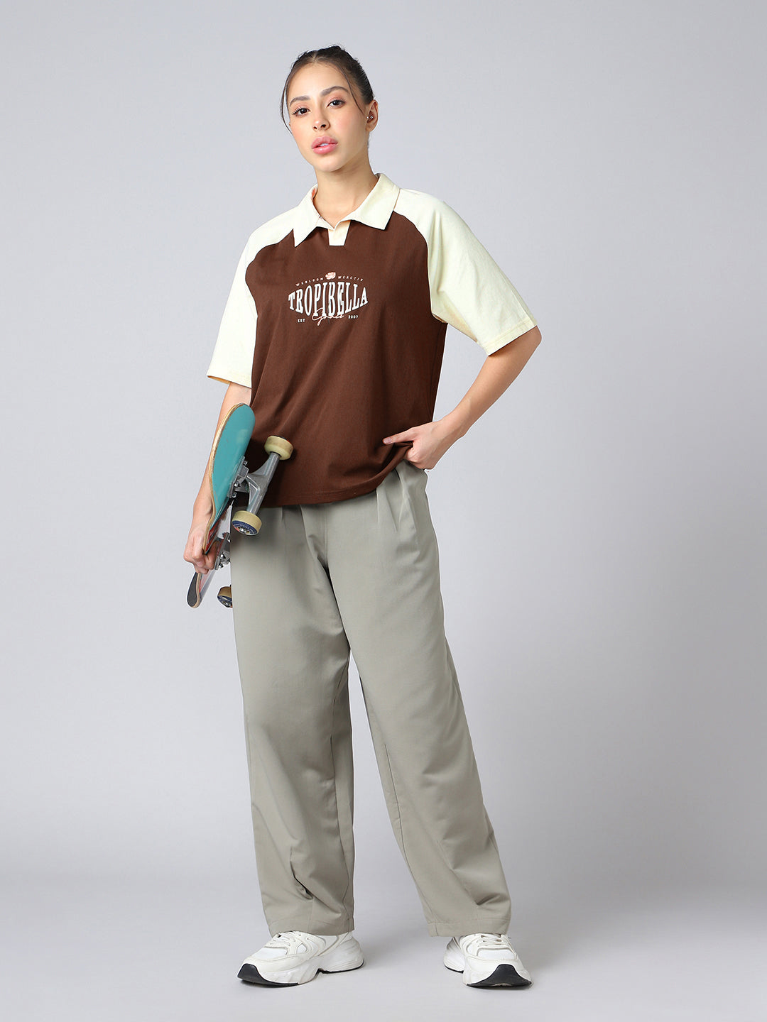 Women Colorblock Oversized Fit Polo T-shirt with COTFLEX
