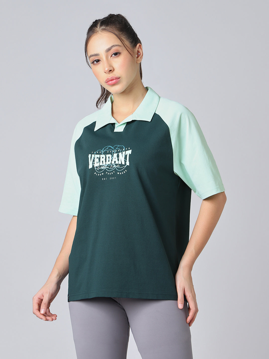 Women Colorblock Oversized Fit Polo T-shirt with COTFLEX