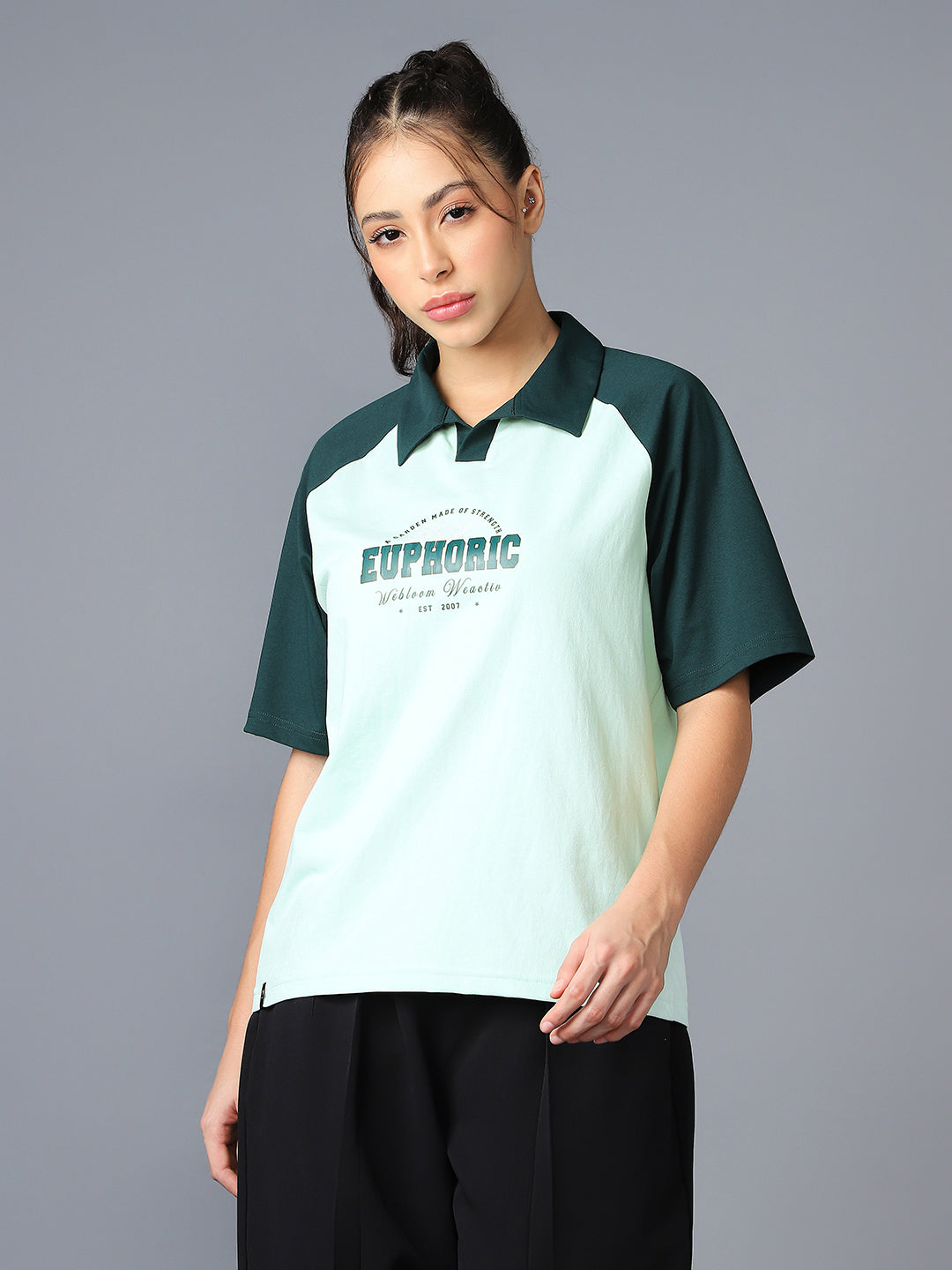 Women Colorblock Oversized Fit Polo T-shirt with COTFLEX