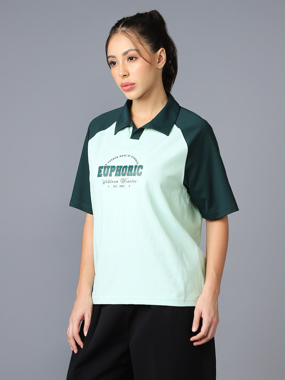 Women Colorblock Oversized Fit Polo T-shirt with COTFLEX