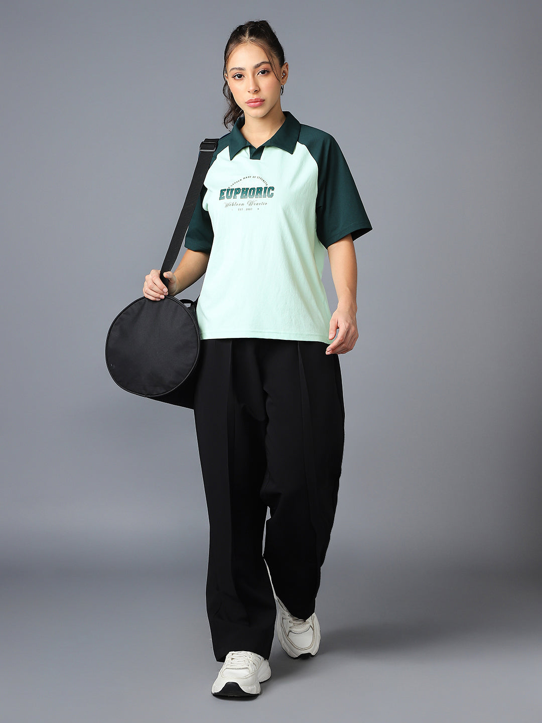 Women Colorblock Oversized Fit Polo T-shirt with COTFLEX