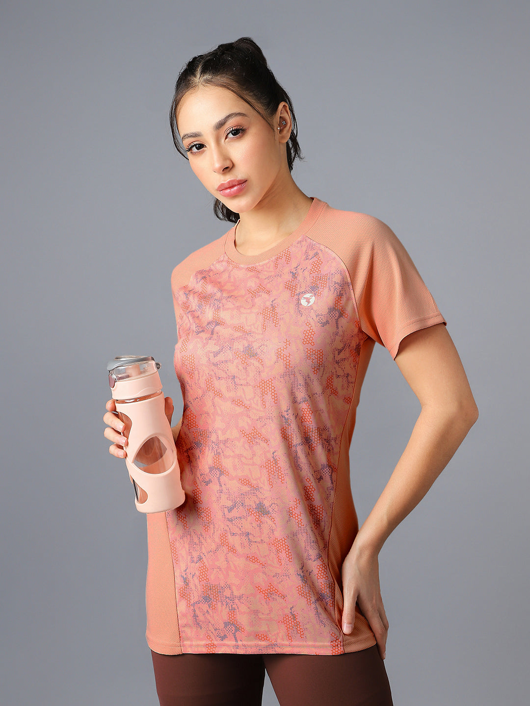 Women Abstract Print Slim Fit Crew Neck T-shirt with TECHNO COOL+