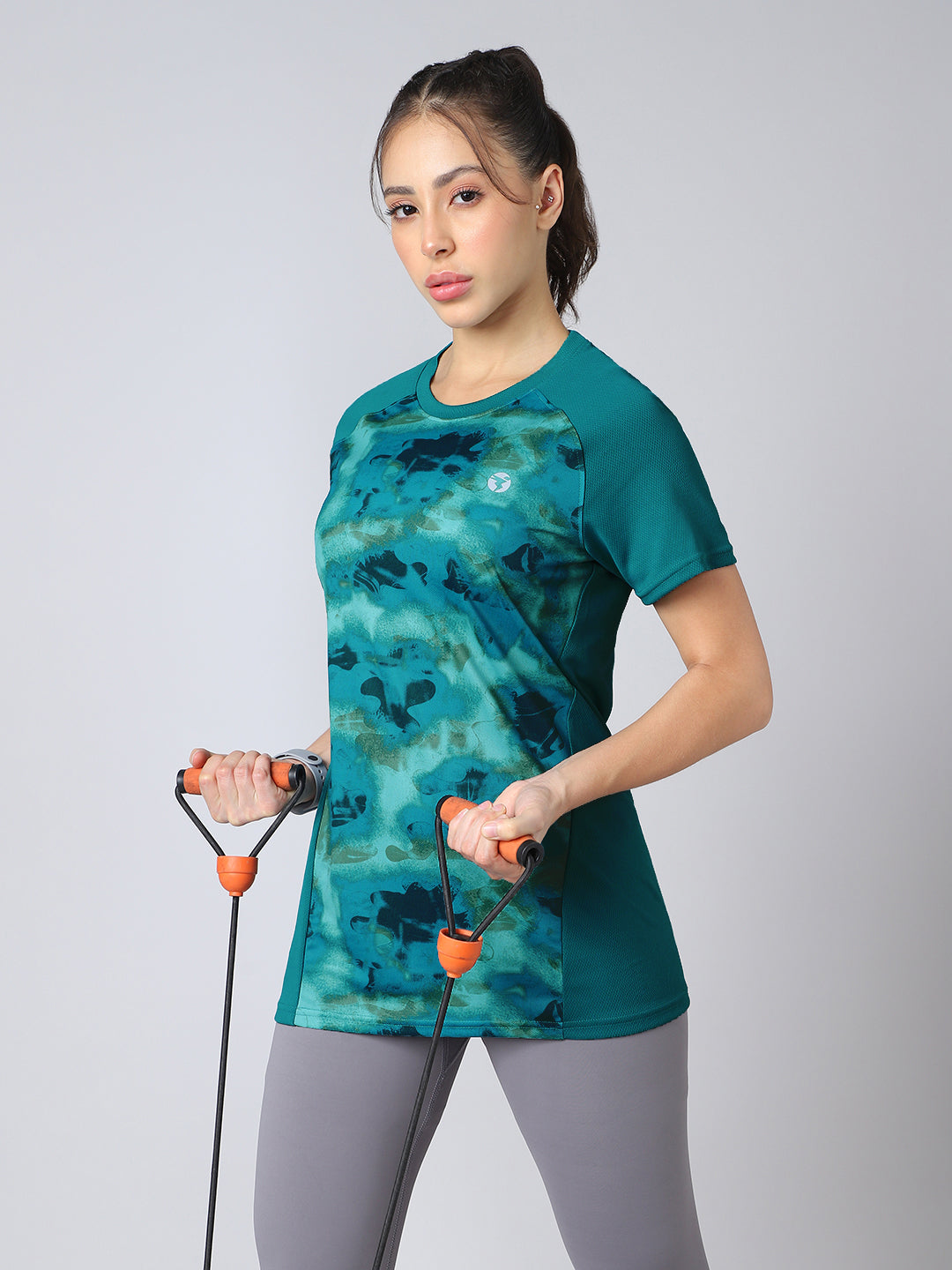 Women Abstract Print Slim Fit Crew Neck T-shirt with TECHNO COOL+